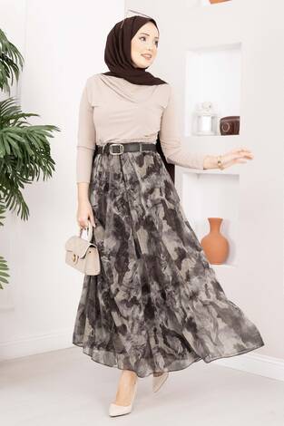 Otantik Desen Kemerli Şifon Etek Vizon - Thumbnail