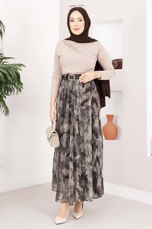 Otantik Desen Kemerli Şifon Etek Vizon - Thumbnail