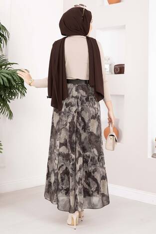 Otantik Desen Kemerli Şifon Etek Vizon - Thumbnail