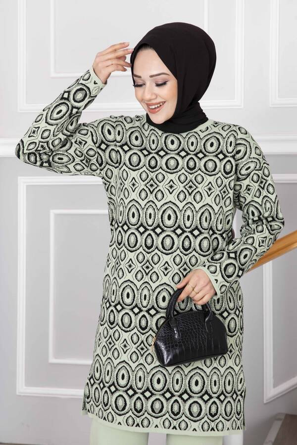 Mi̇ - Oval Desenli Triko Tesettür Takım Mint (1)