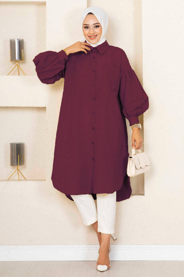 Oval Kesim Tesettür Gömlek Tunik Bordo - 4