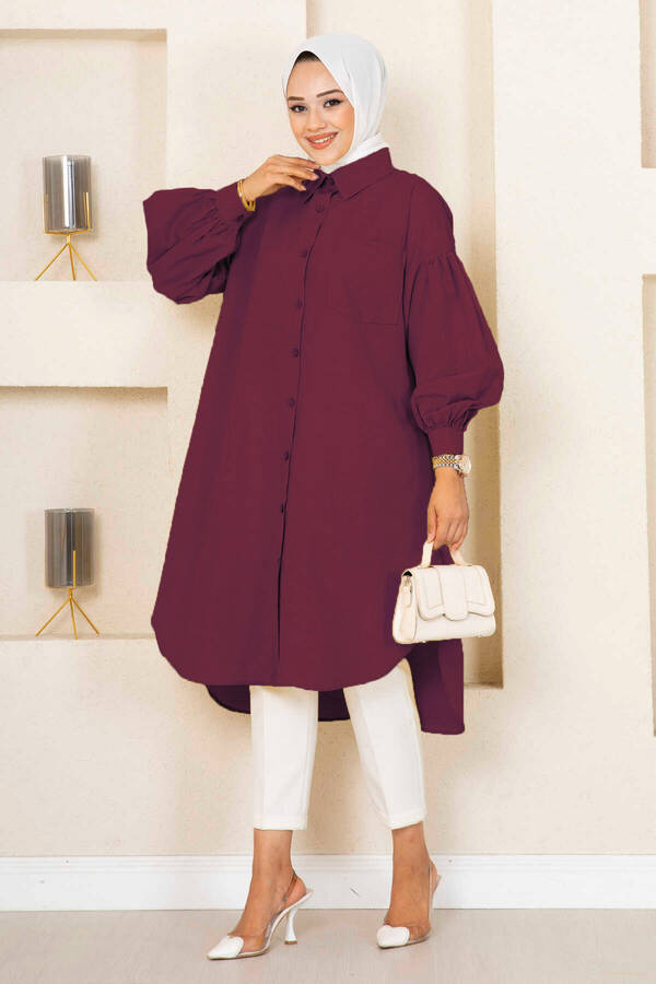 Oval Kesim Tesettür Gömlek Tunik Bordo - 3
