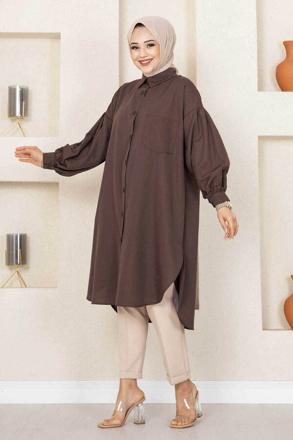 Oval Kesim Tesettür Gömlek Tunik Kahve Oval Kesim Tesettür Gömlek Tunik Kahve