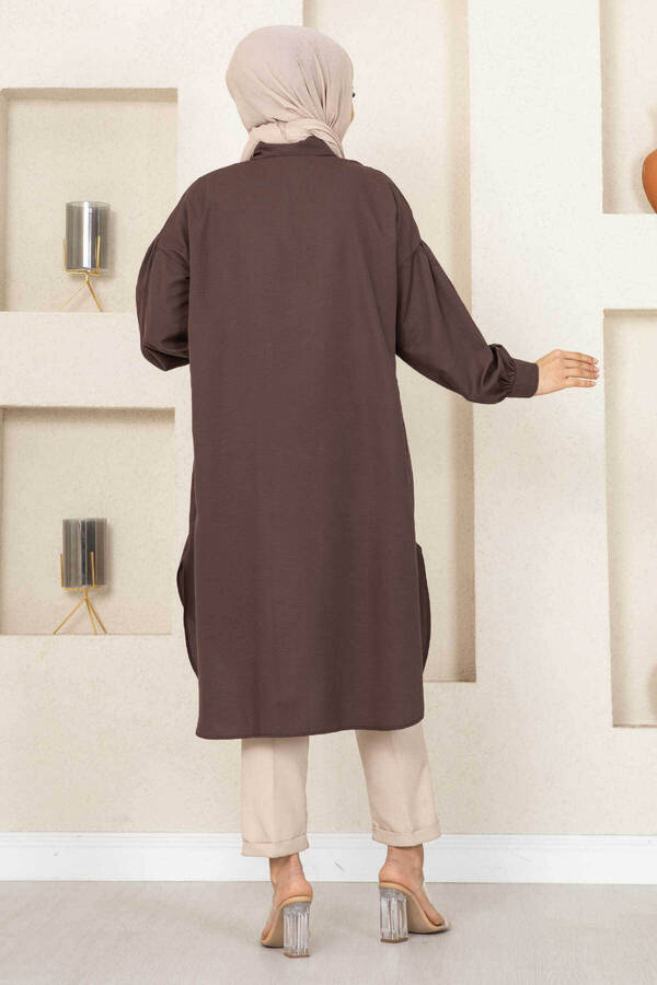 Oval Kesim Tesettür Gömlek Tunik Kahve - 3