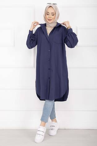 Oval Kesim Tesettür Gömlek Tunik Lacivert - Thumbnail