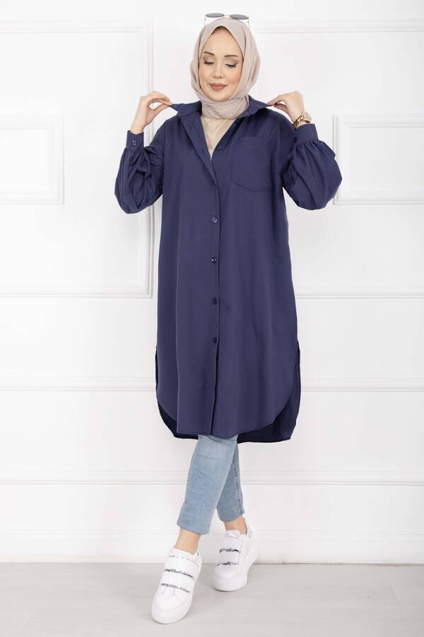 Oval Kesim Tesettür Gömlek Tunik Lacivert - 4