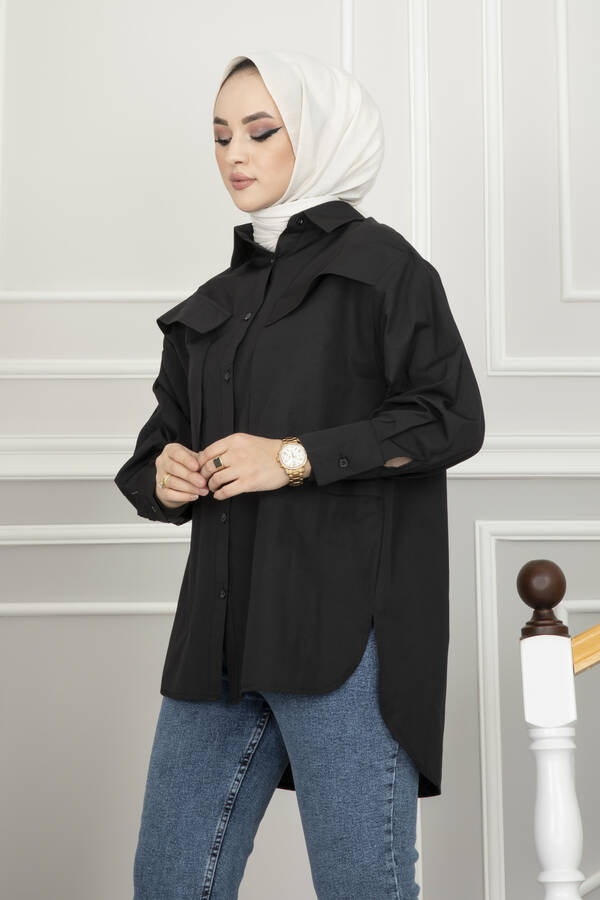Sç - Oversize Cepli Tesettür Gömlek Siyah (1)
