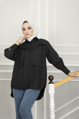 Oversize Cepli Tesettür Gömlek Siyah - Thumbnail