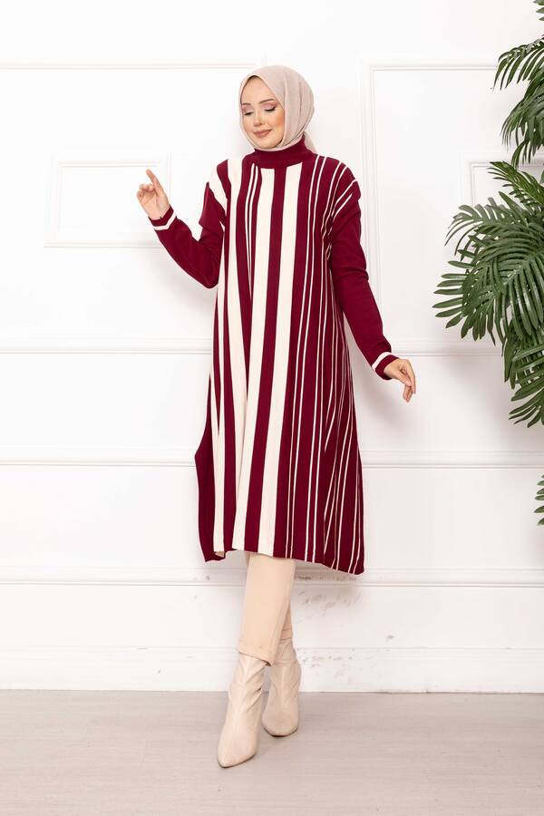 Oversize Dikey Şeritli Triko Tunik Bordo Oversize Dikey Şeritli Triko Tunik Bordo