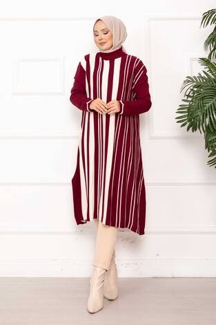 Oversize Dikey Şeritli Triko Tunik Bordo - Thumbnail