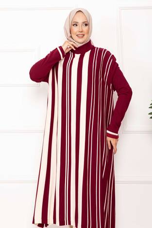 Oversize Dikey Şeritli Triko Tunik Bordo - Thumbnail