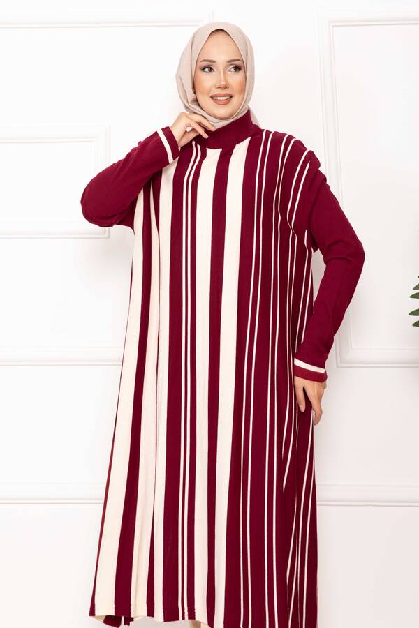 Frx - Oversize Dikey Şeritli Triko Tunik Bordo (1) Frx - Oversize Dikey Şeritli Triko Tunik Bordo (1)