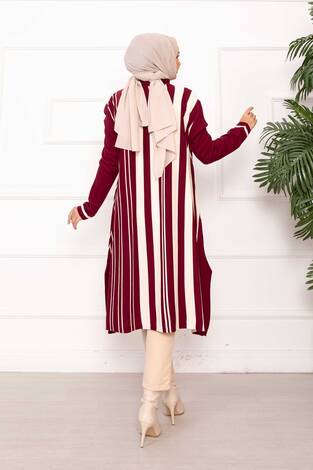 Oversize Dikey Şeritli Triko Tunik Bordo - Thumbnail