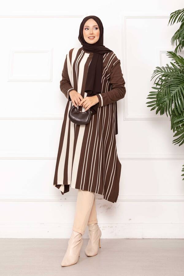 Oversize Dikey Şeritli Triko Tunik Kahve Oversize Dikey Şeritli Triko Tunik Kahve