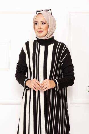 Oversize Dikey Şeritli Triko Tunik Siyah - Thumbnail