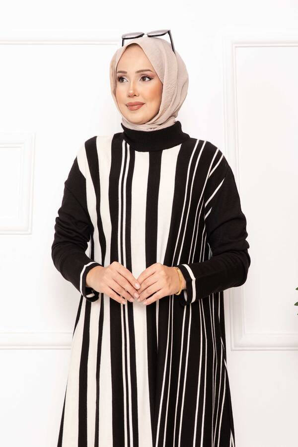 Frx - Oversize Dikey Şeritli Triko Tunik Siyah (1)