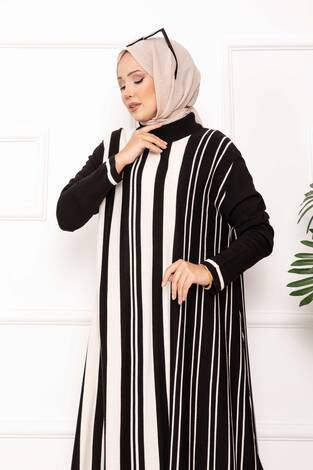 Oversize Dikey Şeritli Triko Tunik Siyah - Thumbnail