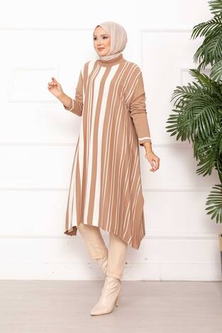 Oversize Dikey Şeritli Triko Tunik TEN - Thumbnail