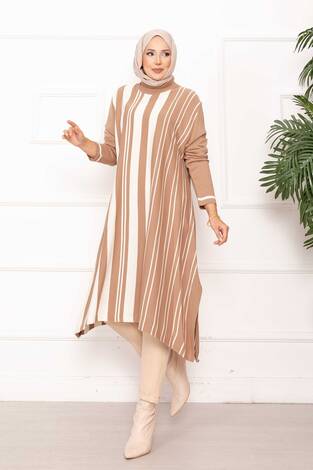Oversize Dikey Şeritli Triko Tunik TEN - Thumbnail