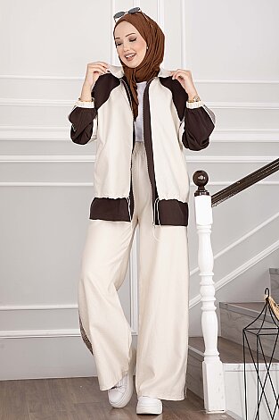 Oversize Fermuarlı İkili Spor Takım Bej - 3