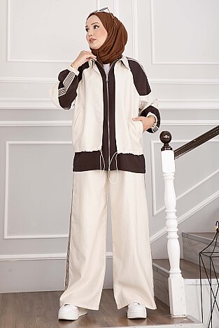 Oversize Fermuarlı İkili Spor Takım Bej - 4