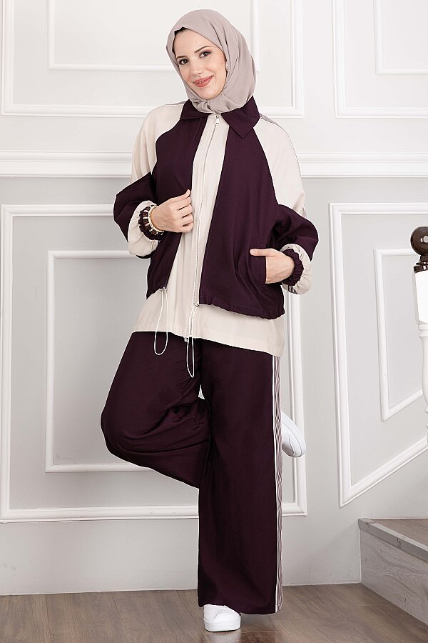 Oversize Fermuarlı İkili Spor Takım Bordo - 1