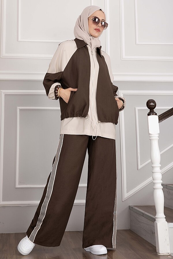 Oversize Fermuarlı İkili Spor Takım Kahve - 3