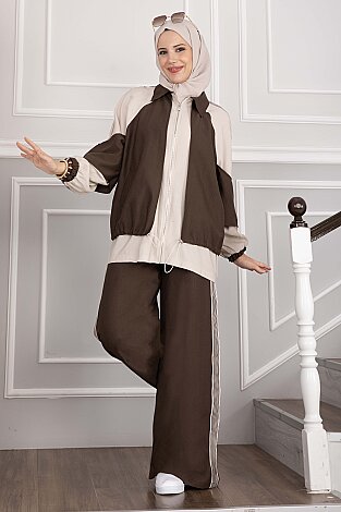 Oversize Fermuarlı İkili Spor Takım Kahve - 4