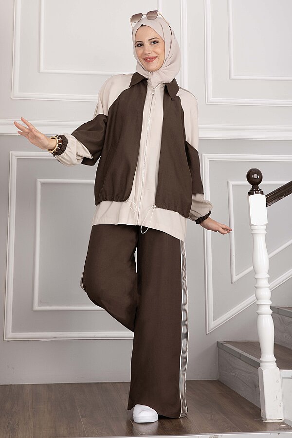 Oversize Fermuarlı İkili Spor Takım Kahve - 4