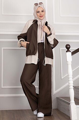 Oversize Fermuarlı İkili Spor Takım Kahve - 5