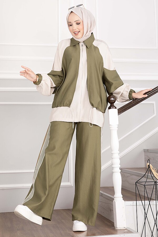Oversize Fermuarlı İkili Spor Takım Yeşil Olive - 3