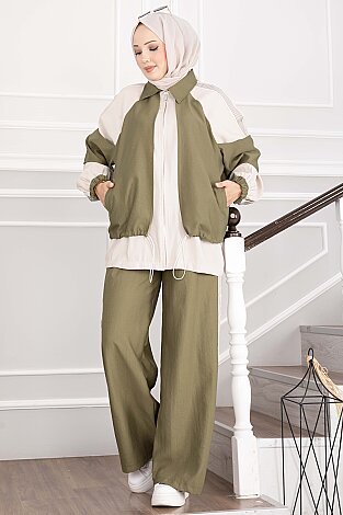 Oversize Fermuarlı İkili Spor Takım Yeşil Olive - 4