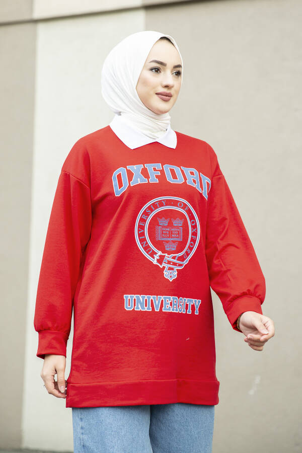 Oxford Yazılı Tesettür Spor Tunik Kırmızı