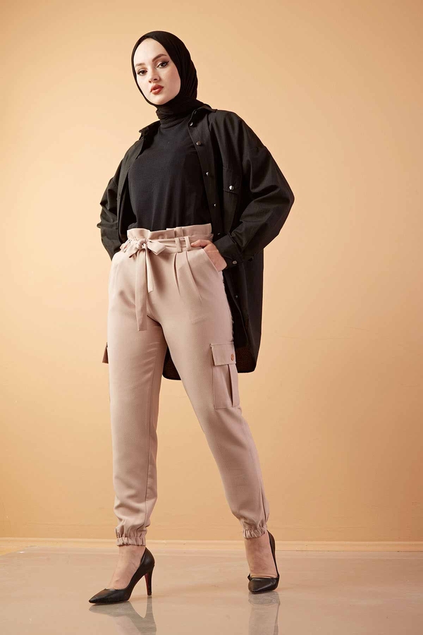 E - Paçası Büzgülü Double Pantolon 190E7931 Vizon