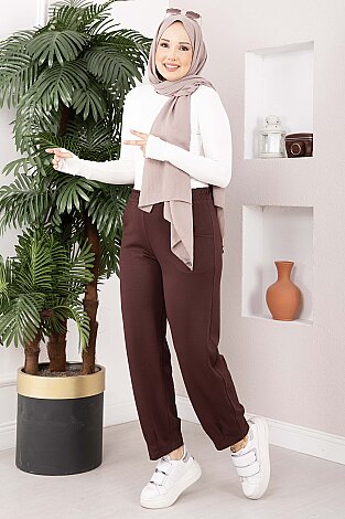 Paçası Pile Detaylı Cepli Oyşo Pantolon Kahve - 3
