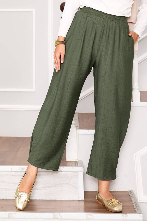 Paçası Pileli Cepli Şalvar Pantolon Haki - 4