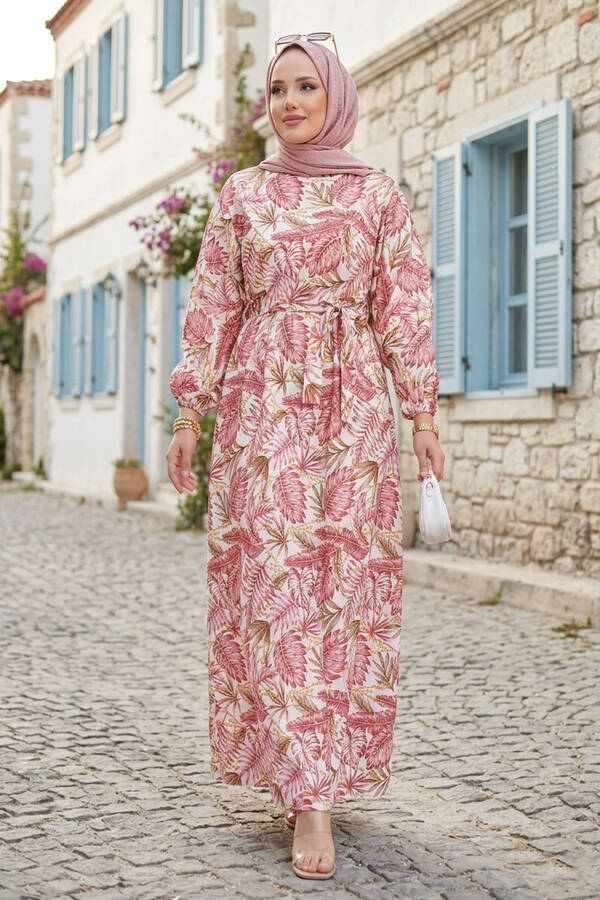 Tkm - Palmiye Desen Beli Büzgülü Elbise Pembe