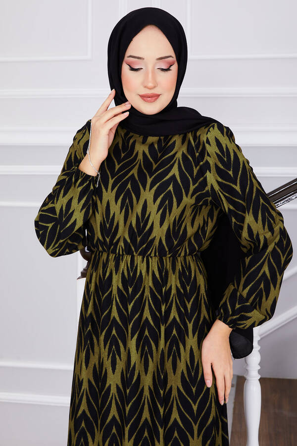 Msk - Palmiye Desen Bürümcük Tesettür Elbise Haki (1) Msk - Palmiye Desen Bürümcük Tesettür Elbise Haki (1)