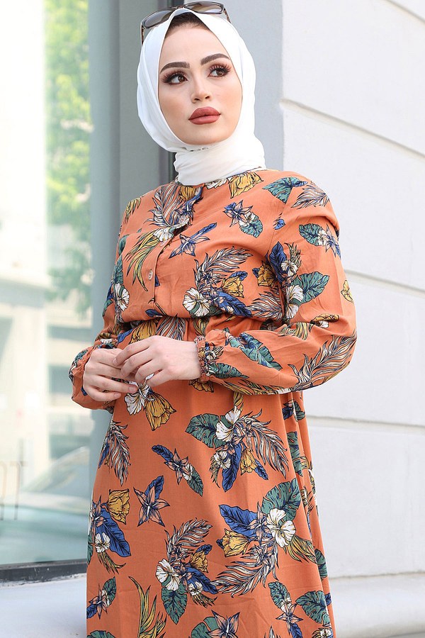  - Palmiye Desen Elbise 17635-10 Somon (1)