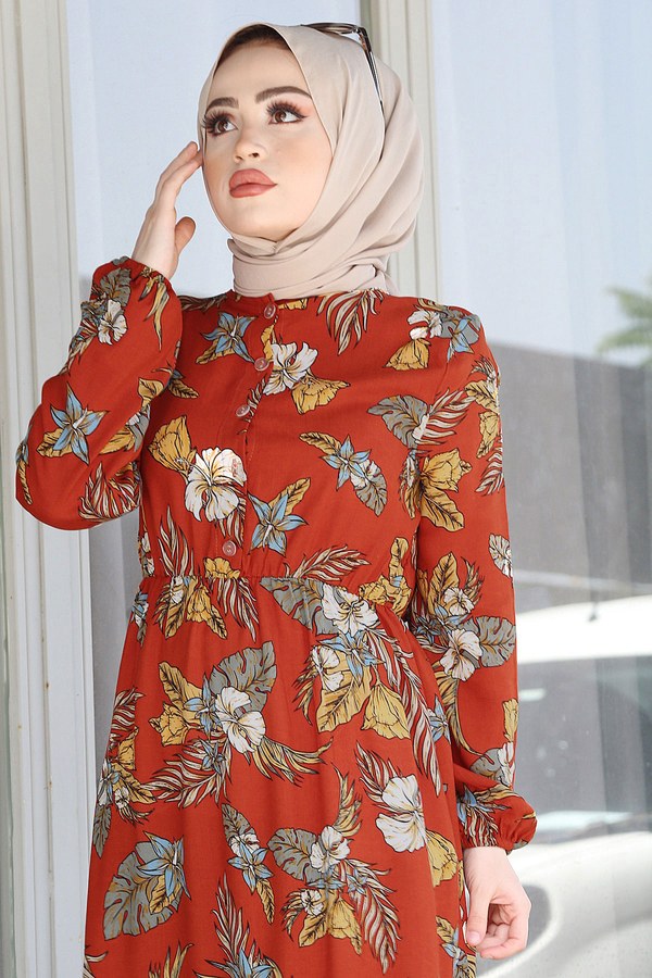  - Palmiye Desen Elbise 17635-8 Kiremit (1)
