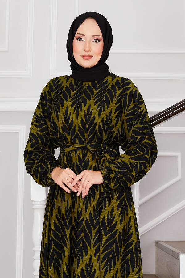 Msk - Palmiye Desen Kuşaklı Bürümcük Tesettür Elbise Haki (1) Msk - Palmiye Desen Kuşaklı Bürümcük Tesettür Elbise Haki (1)
