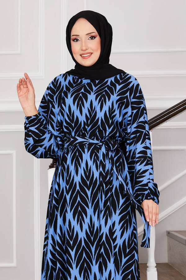 Msk - Palmiye Desen Kuşaklı Bürümcük Tesettür Elbise İndigo (1) Msk - Palmiye Desen Kuşaklı Bürümcük Tesettür Elbise İndigo (1)