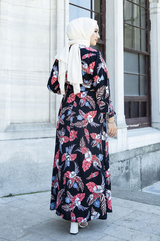 Palmiye Desenli Kuşaklı Elbise 100MD-56755 Siyah - Thumbnail