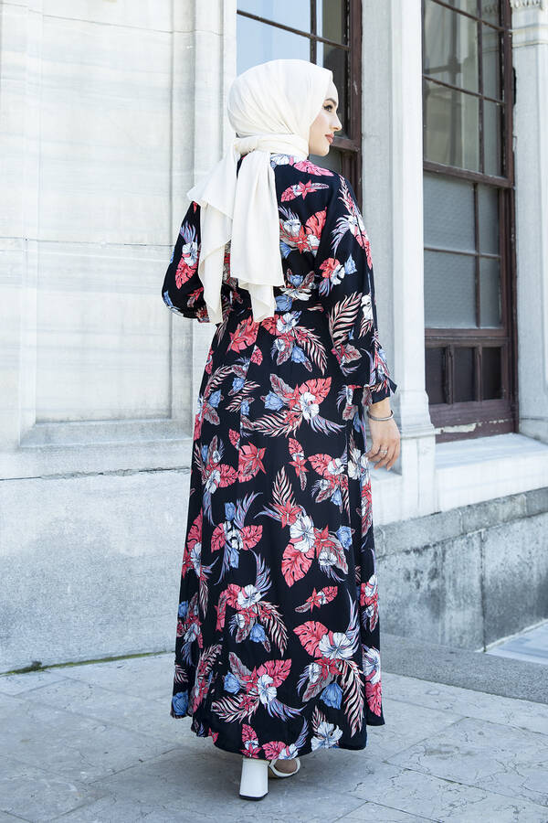 Palmiye Desenli Kuşaklı Elbise 100MD-56755 Siyah