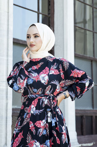 Palmiye Desenli Kuşaklı Elbise 100MD-56755 Siyah - Thumbnail
