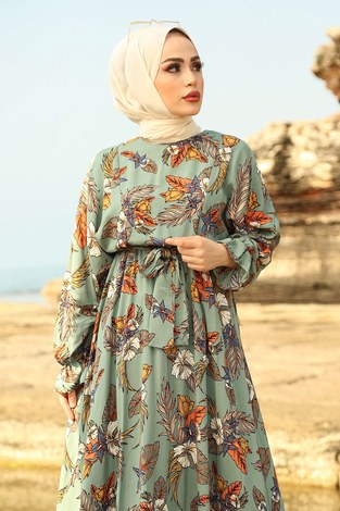 Palmiye Desenli Kuşaklı Elbise 56755-3 Mint - Thumbnail