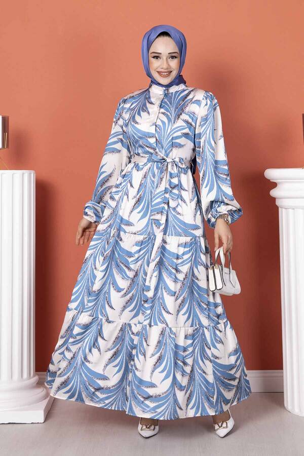 Palmiye Desenli Saten Elbise Açık Mavi
