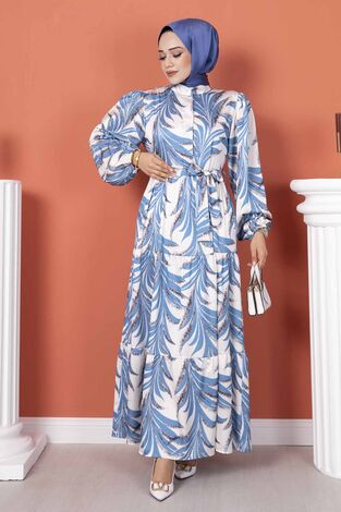 Palmiye Desenli Saten Elbise Açık Mavi - Thumbnail