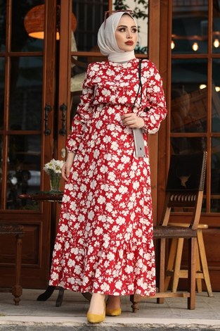 Papatya Desen Elbise 17635-3 Kırmızı - Thumbnail