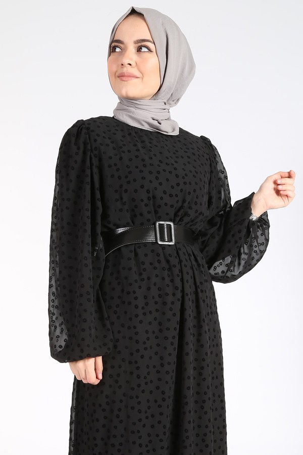Papatya Desen Şifon Elbise 14348-1 Siyah
